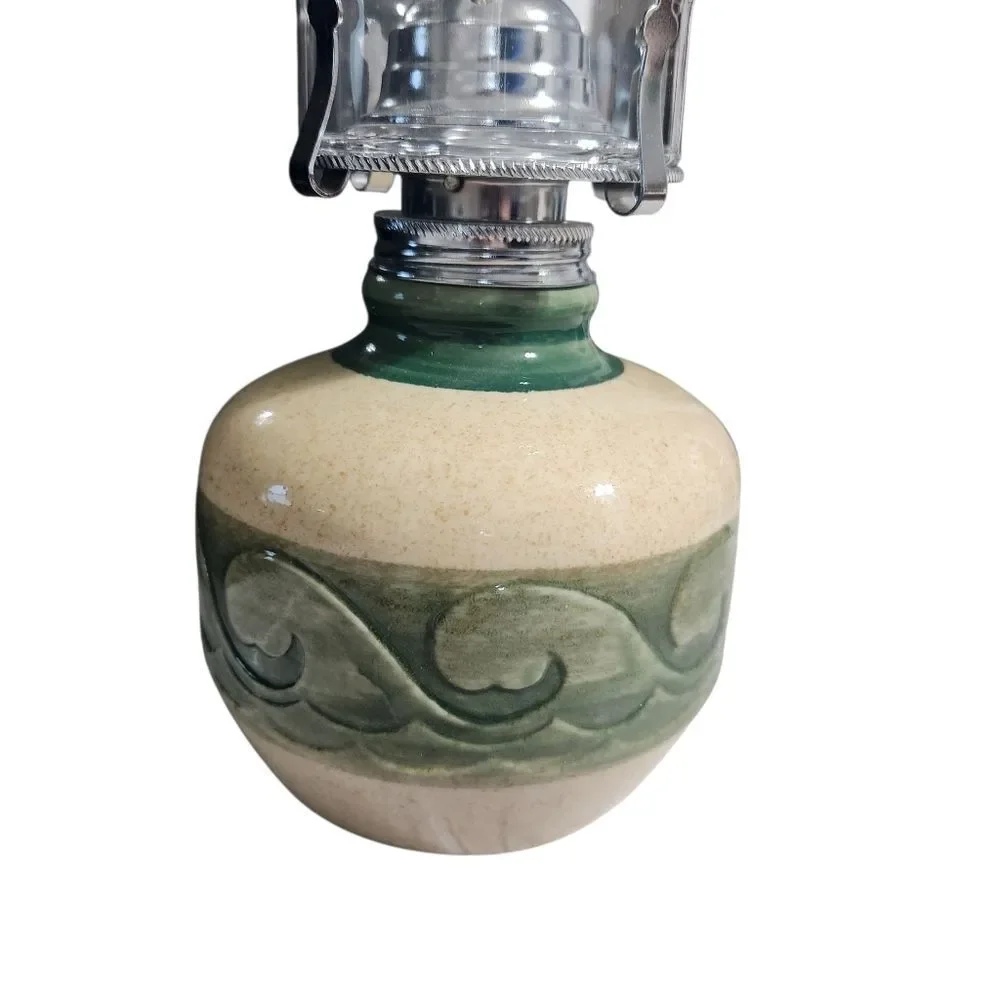 Vintage Oil Lantern Farmhouse Ceramic Green Cream Country with Glass Hurricane